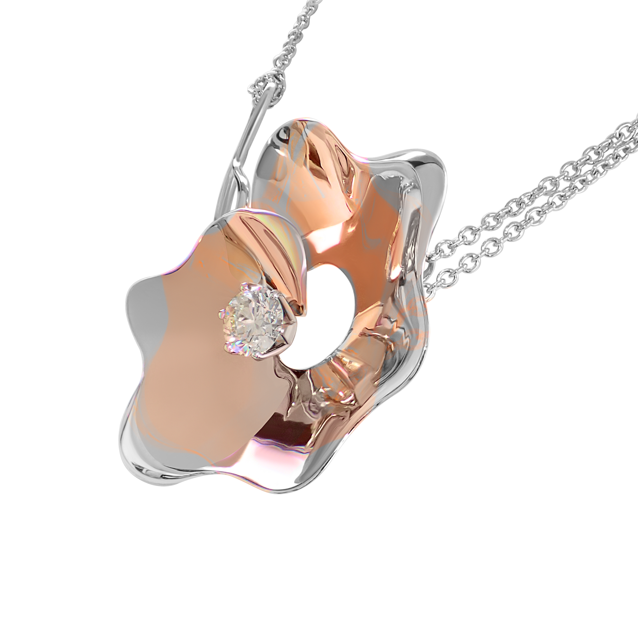 Hipassos Bloom Necklace in rose gold and white gold with central diamond by Hugo Cahill
