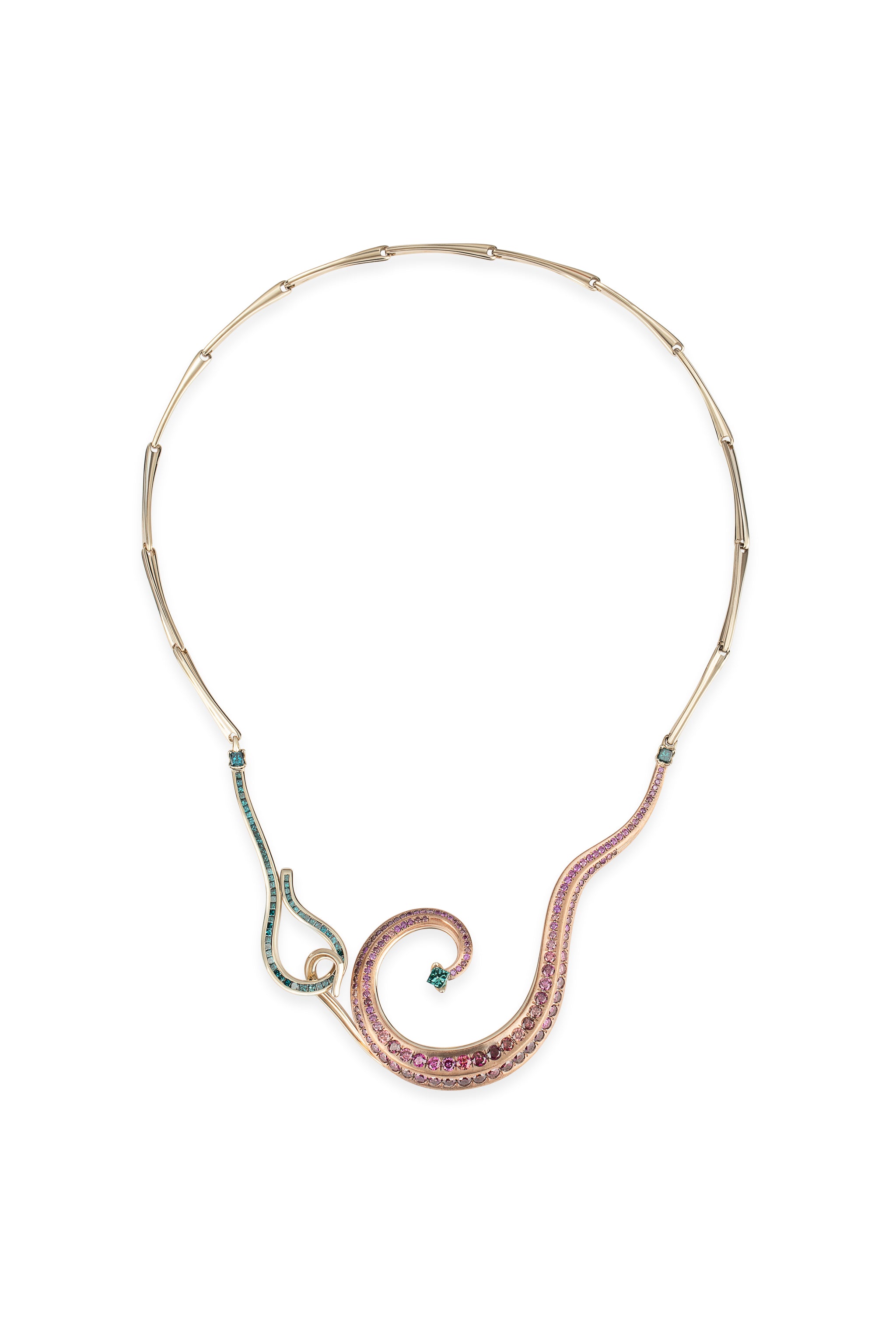Isolated view of the Ananke Lovelace Necklace highlighting spiral form and chromatic diamond progression
