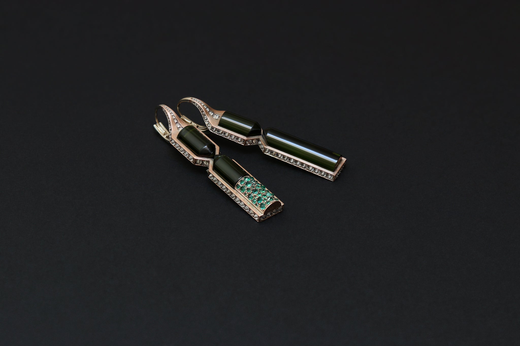 Aleutian Precipice Earrings by Hugo Cahill in shibuichi with tourmalines and inverse set diamonds, pair view
