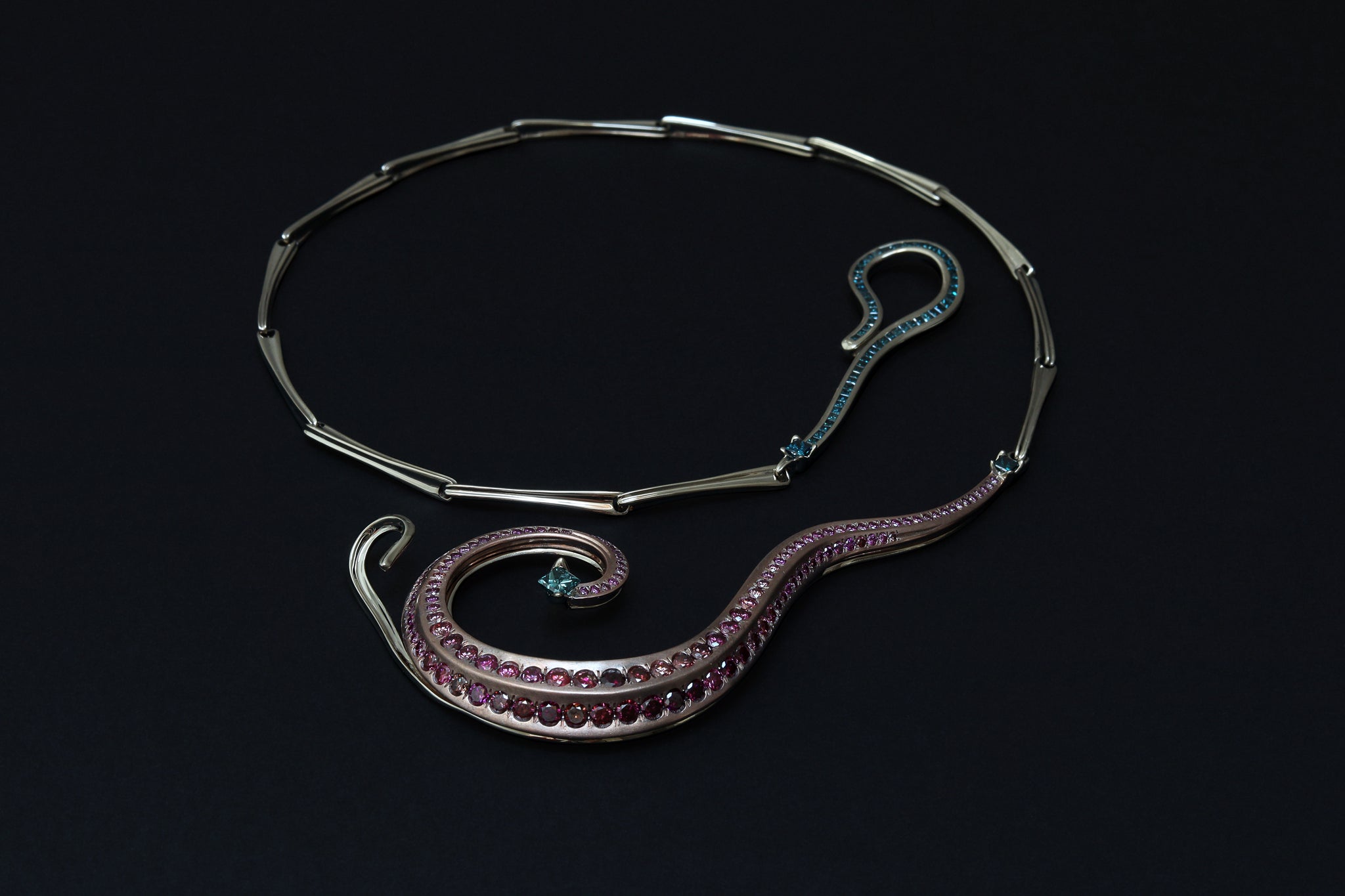 Ananke Lovelace Necklace by Hugo Cahill in beige gold and shibuichi, set with graduated coloured diamonds
