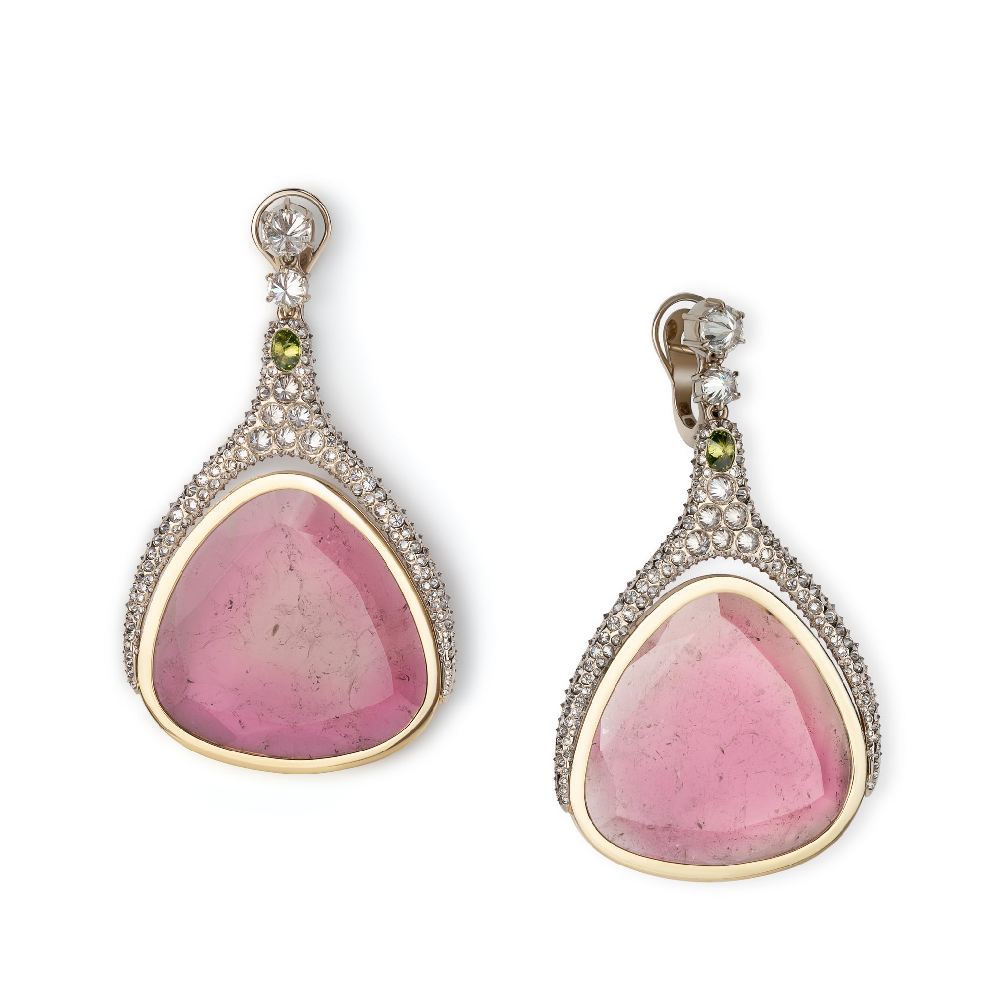 Enceladus Plume Earrings by Hugo Cahill in polished gold with rose tourmaline drops and reverse set white and green diamonds
