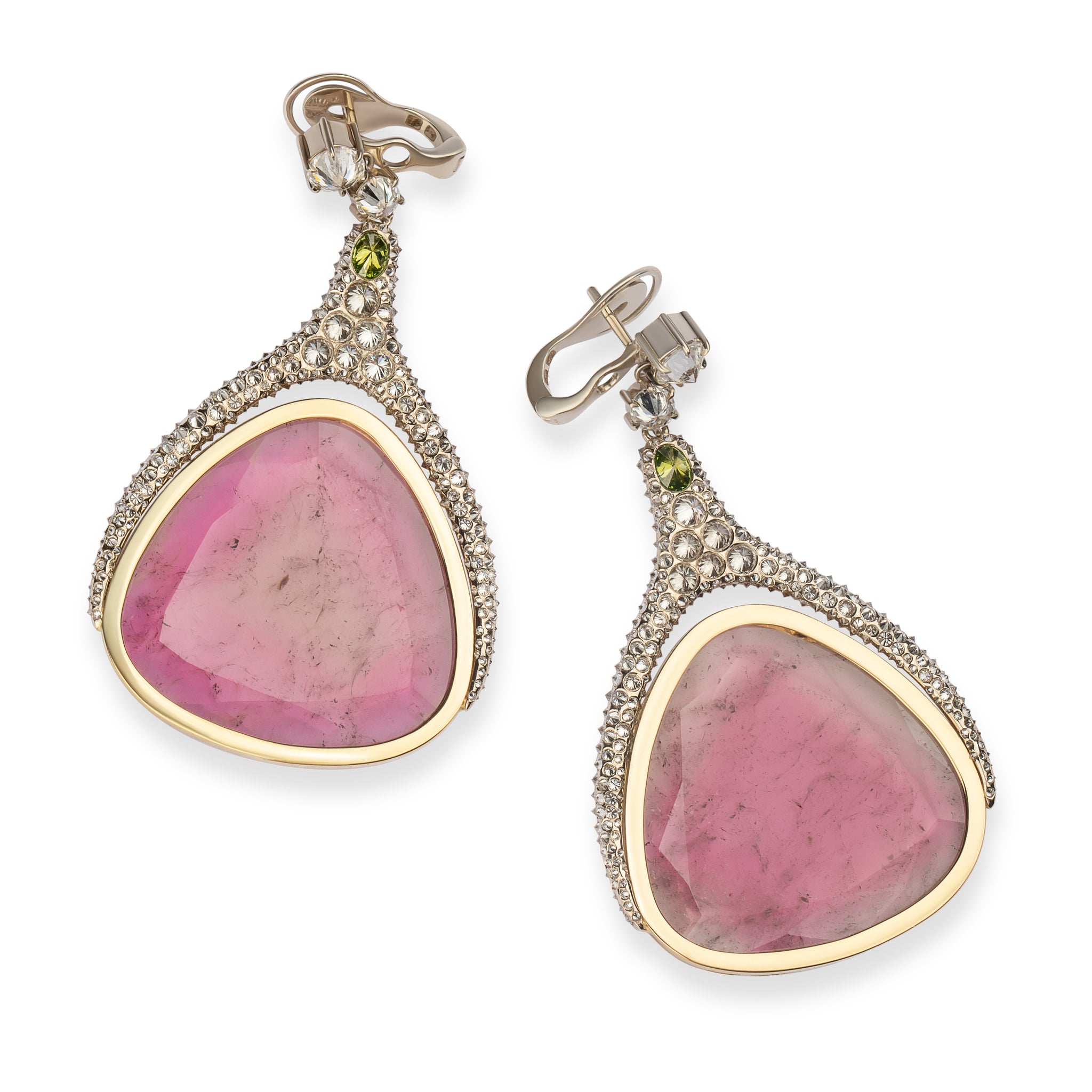 Enceladus Plume Earrings worn, showing scale, movement and layered light across gold, pavé diamonds and translucent stone
