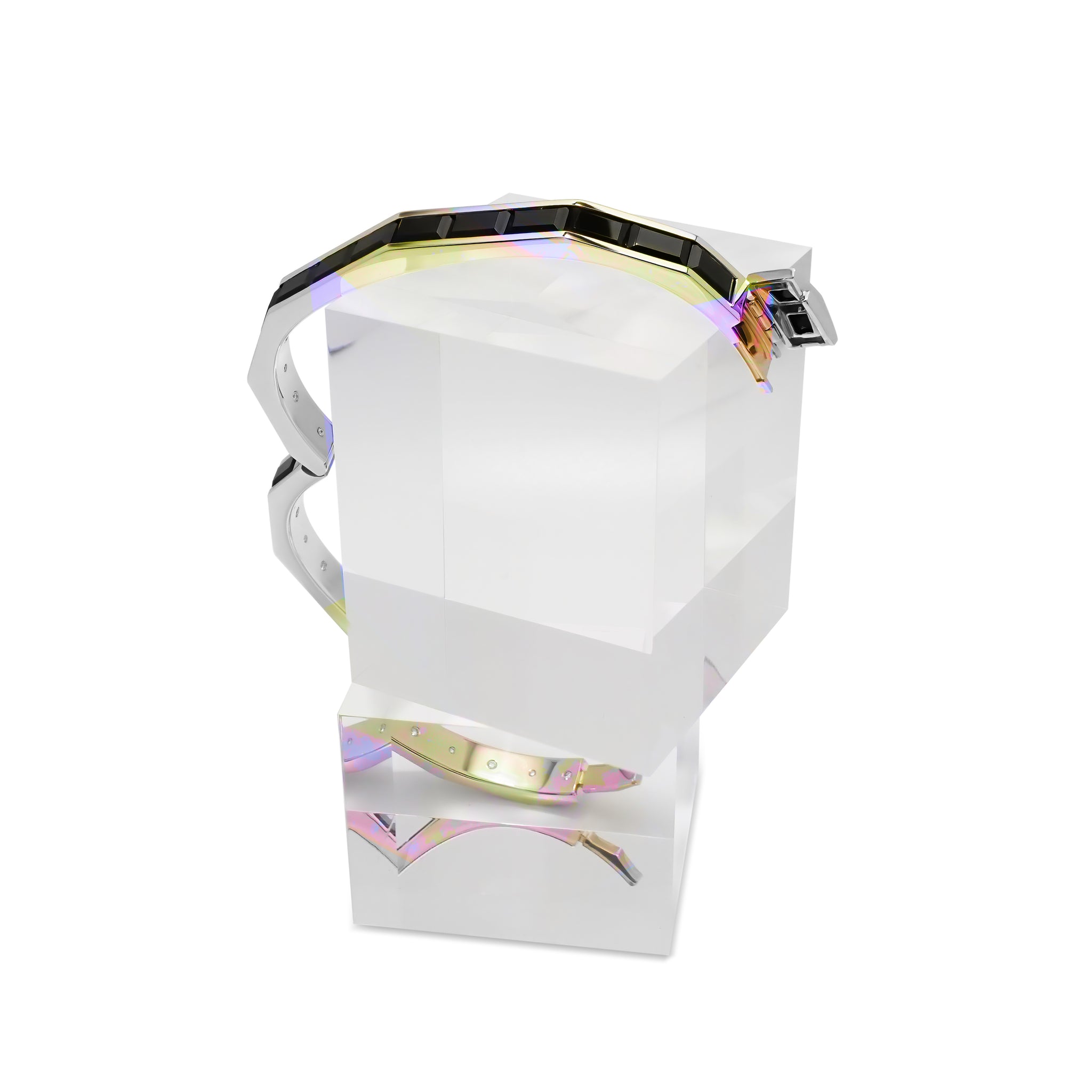 Close view of sapphire used in Ink and Indigo Cuff displaying layered indigo and blue tones under light

