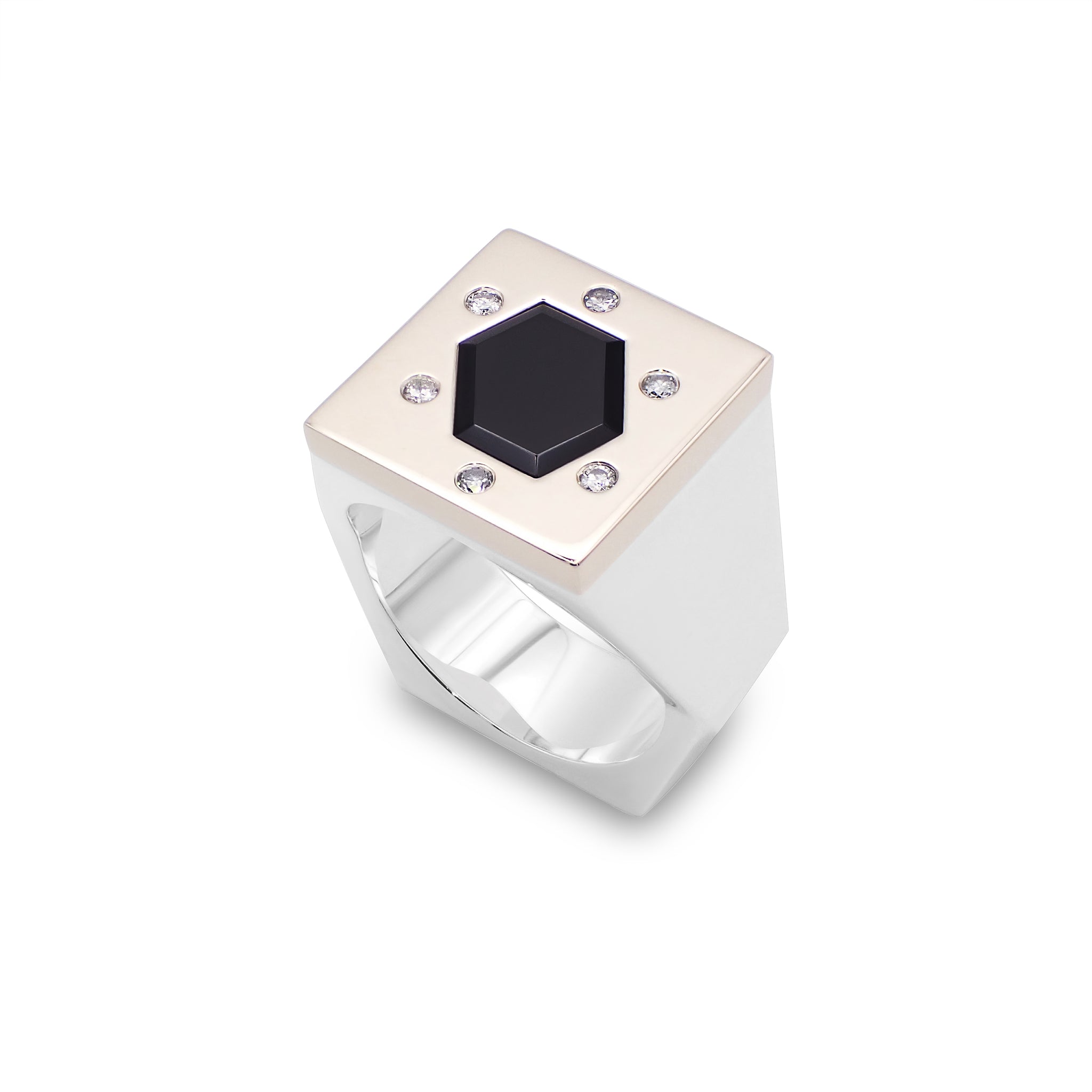 Angled view of the Eternal Unity Ring showing layered gold structure and central onyx
