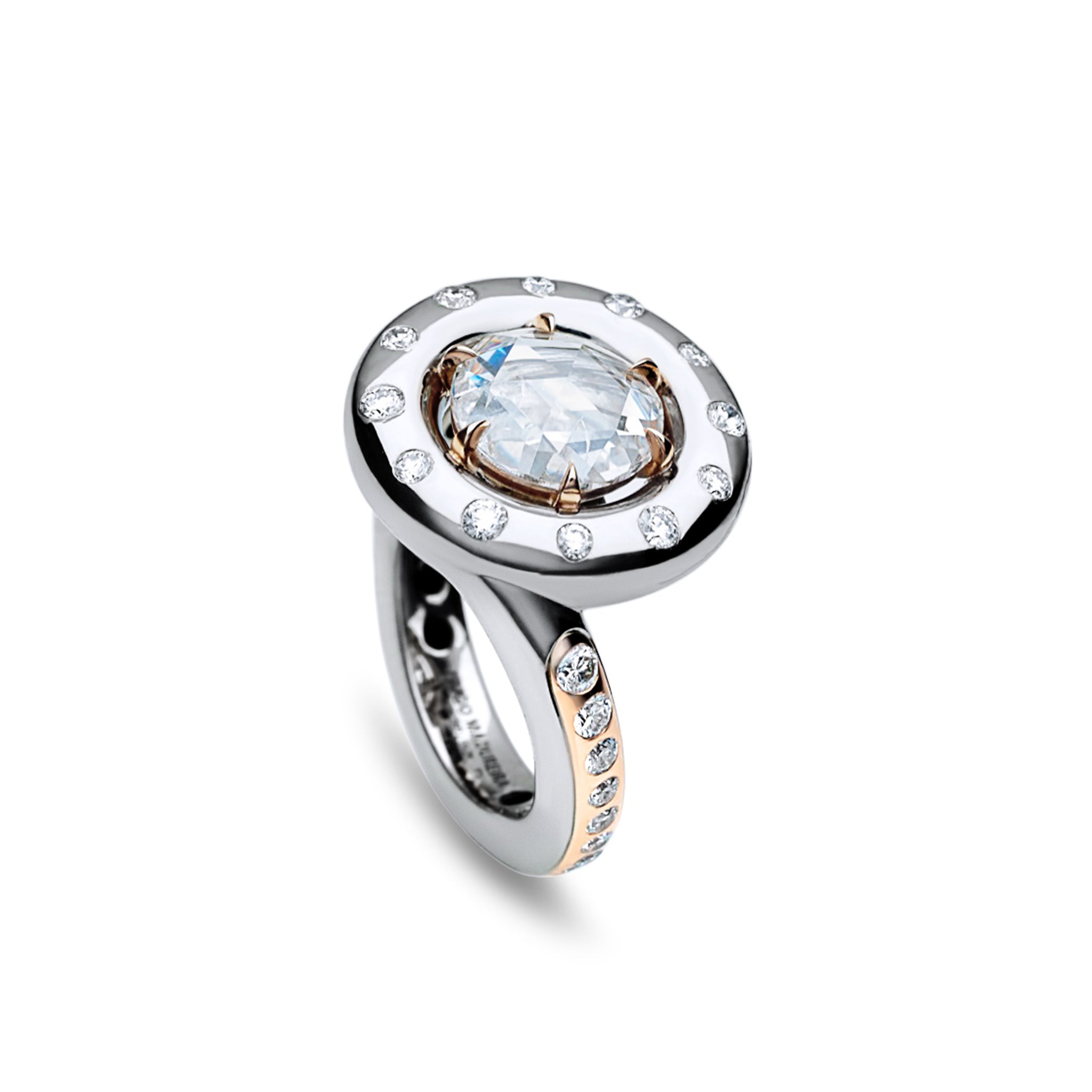 Material detail image highlighting open faceting of the rose cut diamond and polished palladium white gold surface of Rose Orbit Ring
