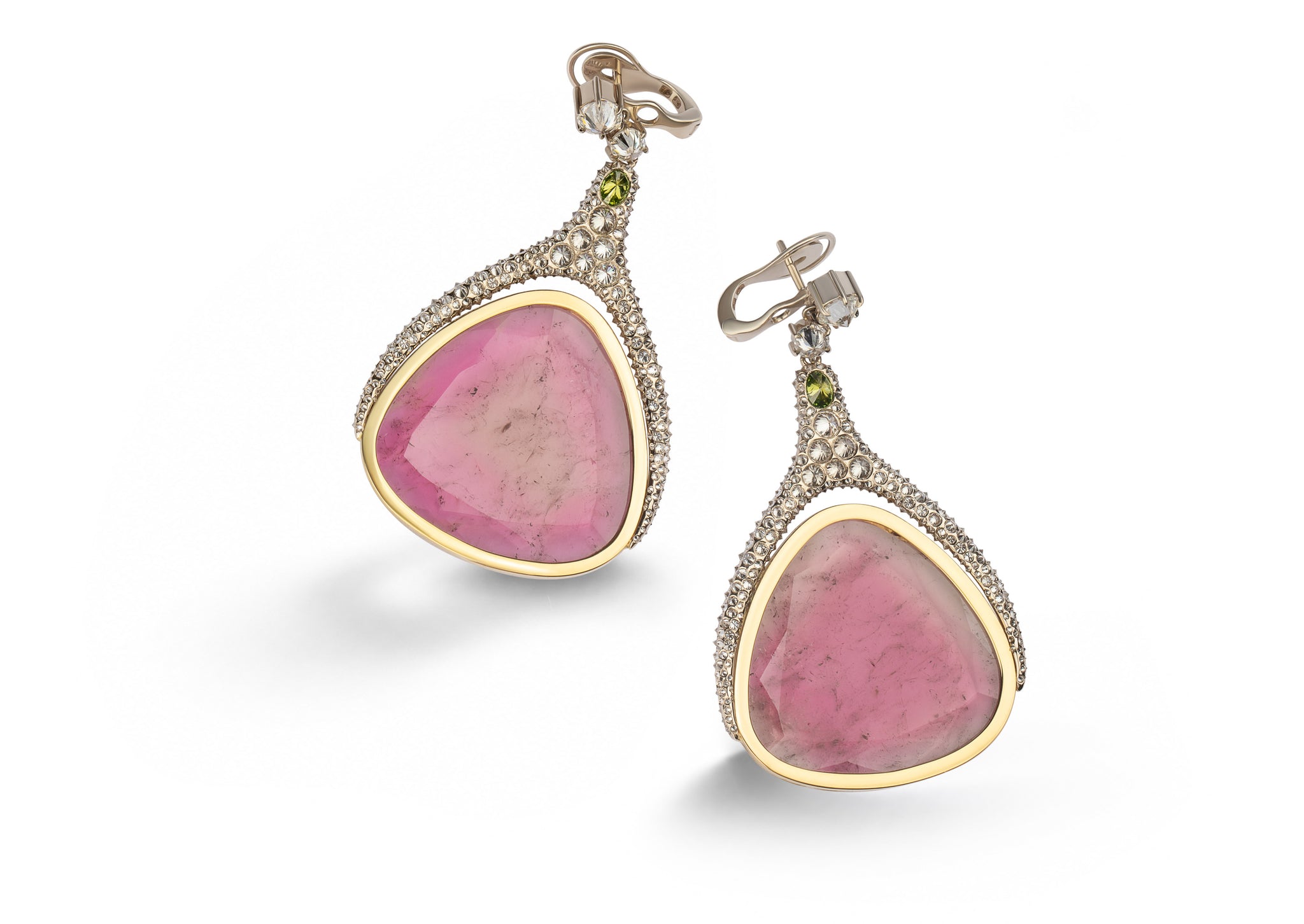 Enceladus Plume Earrings shown from the front, petal-cut pink tourmalines set within teardrops of mirror-polished gold.