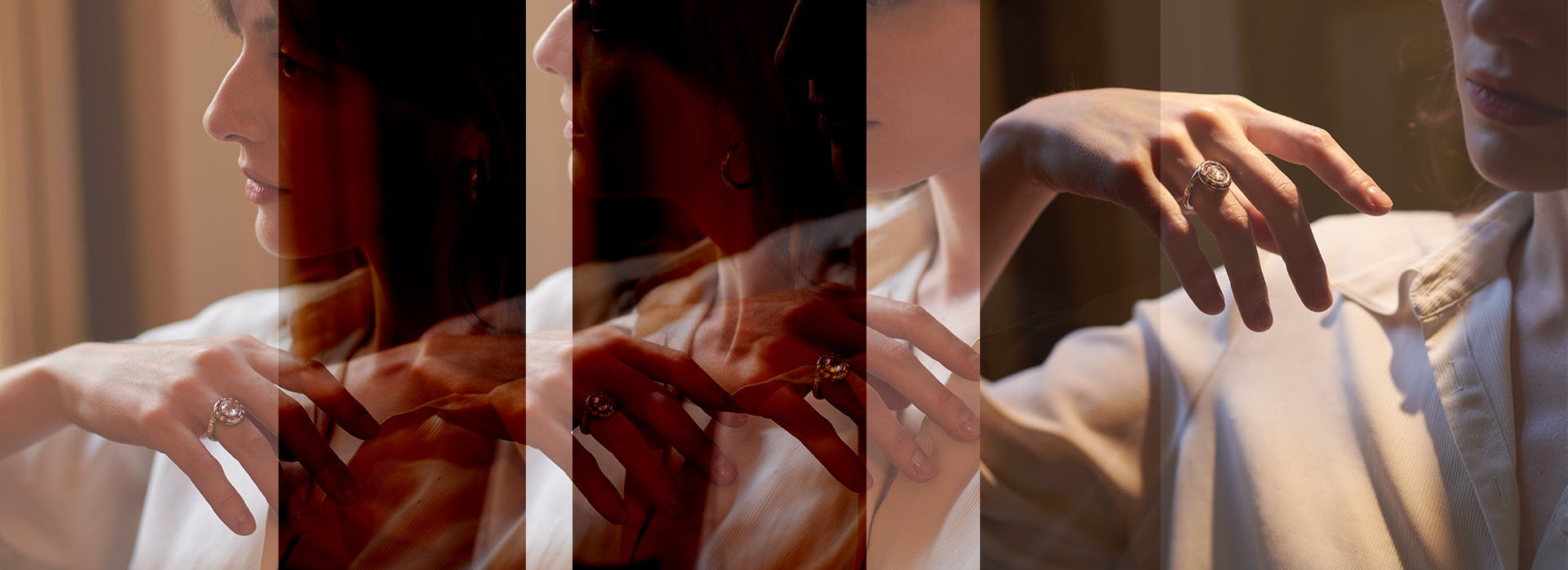 Rose Orbit Ring worn on the hand illustrating scale, proportion, and reflective behaviour of the rose cut diamond
