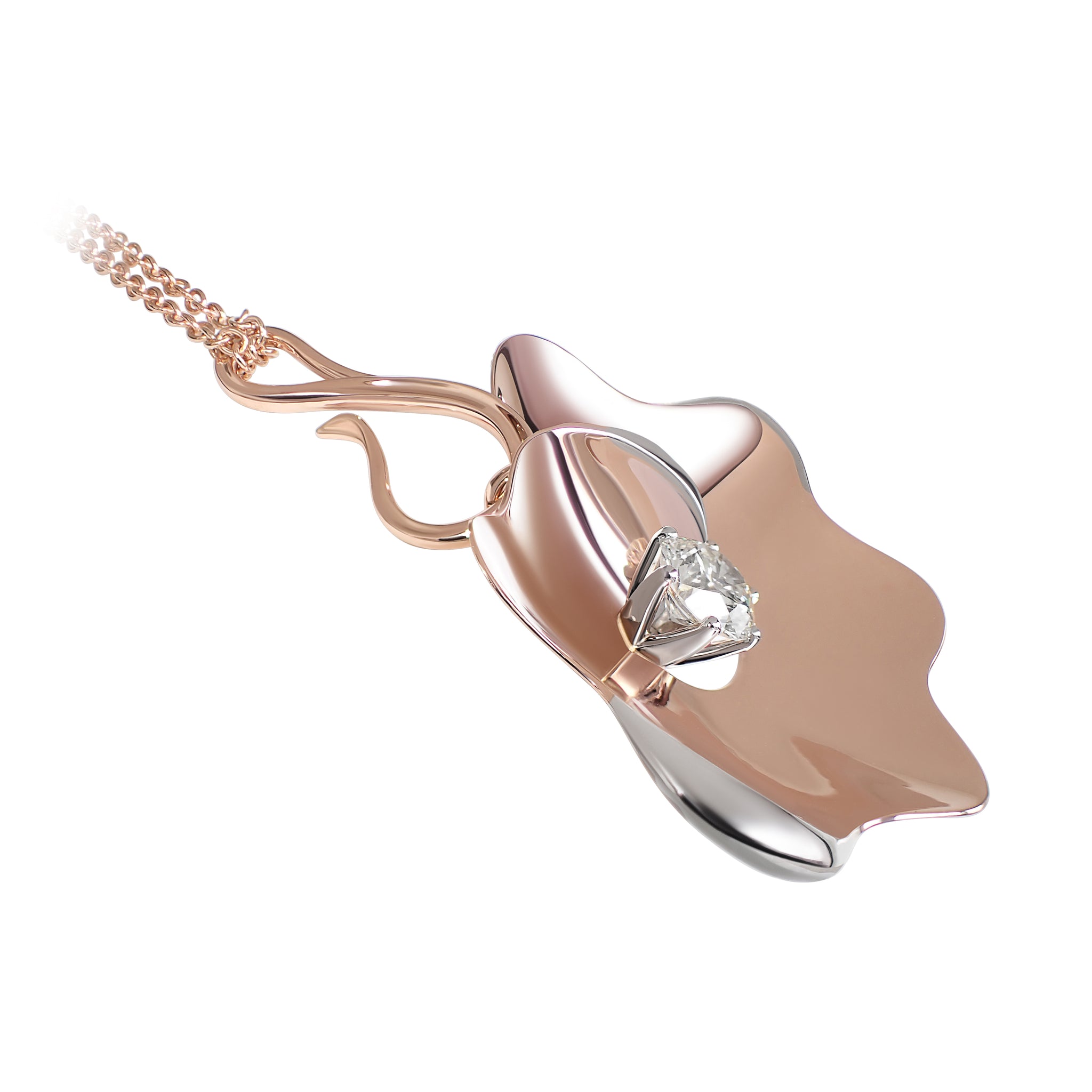 Angled view of the Hipassos Bloom Necklace showing flowing gold structure and diamond setting
