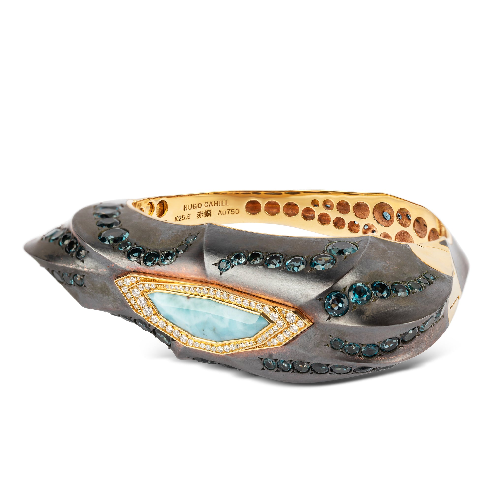 Detail view of the Phokialí Nyktos Cuff showing convex ridges in shakudō and diamond halo
