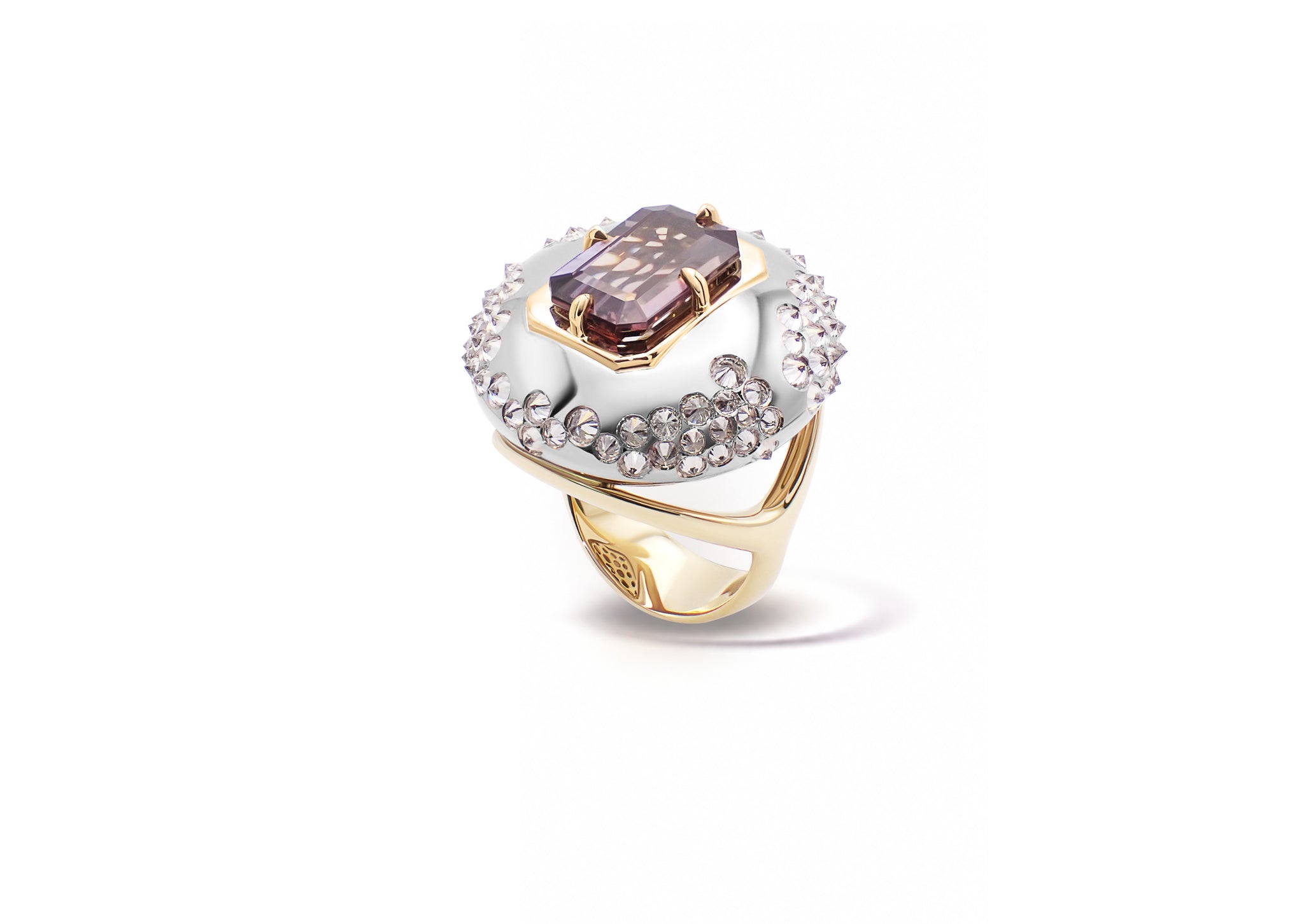 Ophiuchi Tanzanite Ring photographed in isolation, the grey tanzanite set beneath an arched palladium white gold dome.