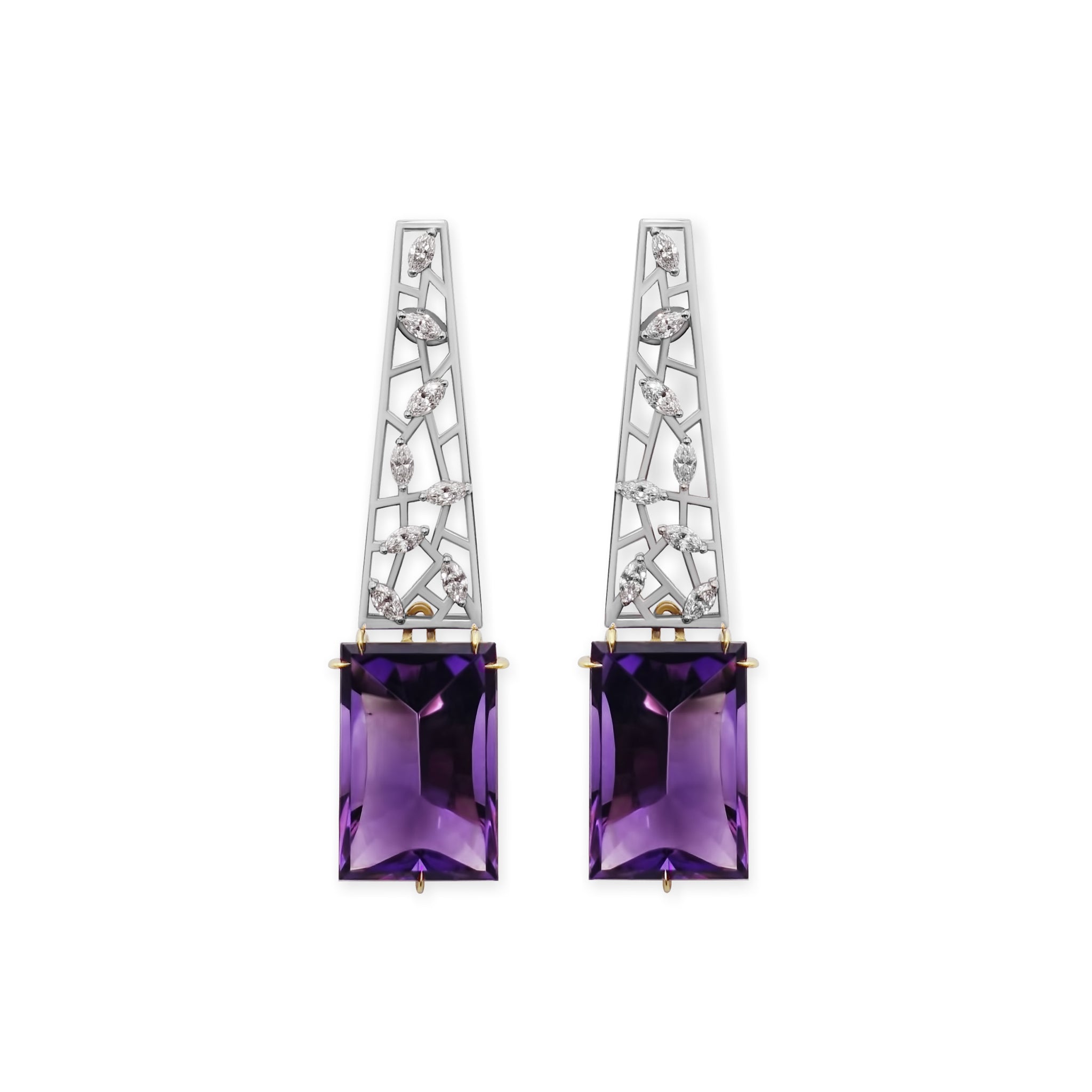 Front view of Oumuamua Earrings emphasising vertical axis, geometric balance, and contrast between polished metal and amethyst colour
