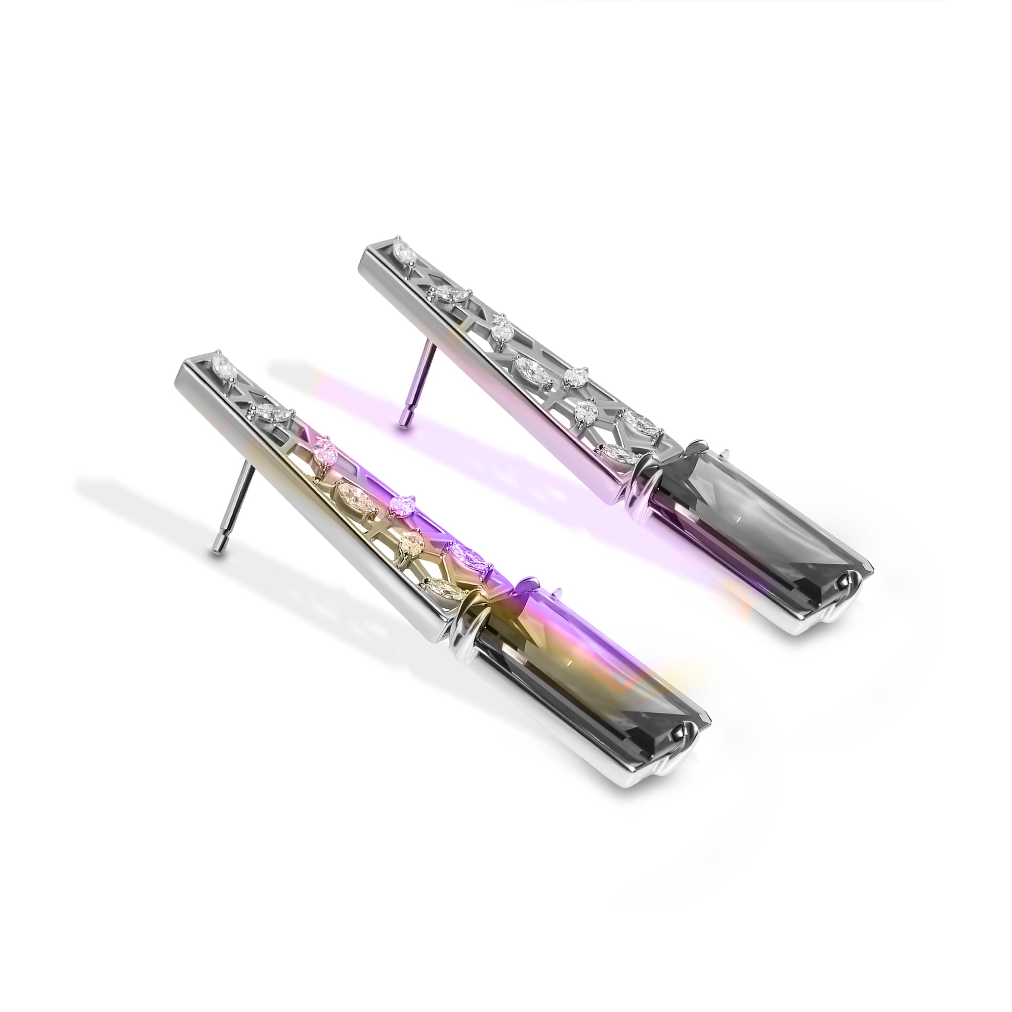 Profile view of Oumuamua Earrings highlighting the vertical architectural structure and suspended baguette cut amethyst geometry
