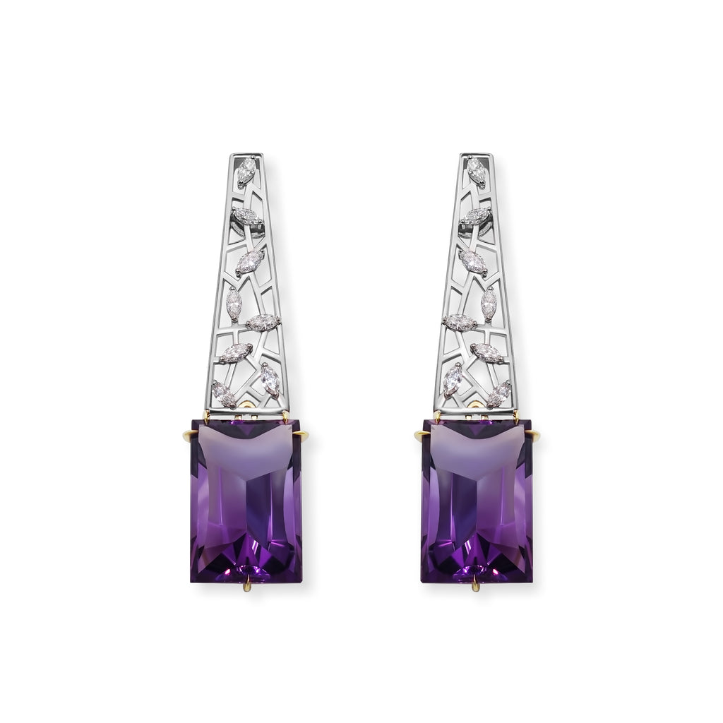 Oumuamua Earrings by Hugo Cahill featuring baguette cut amethyst drops set within an open palladium white gold lattice accented with marquise diamonds
