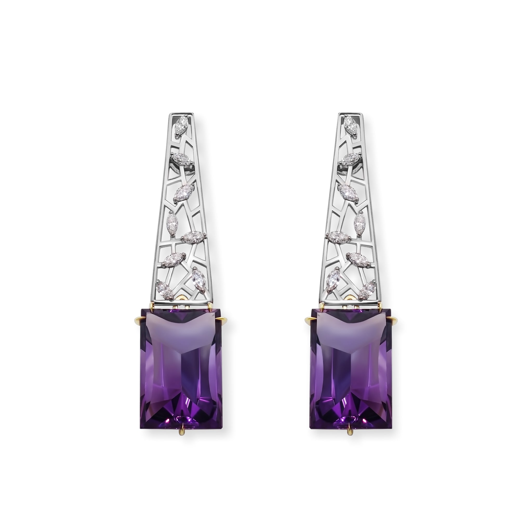 Oumuamua Earrings by Hugo Cahill featuring baguette cut amethyst drops set within an open palladium white gold lattice accented with marquise diamonds
