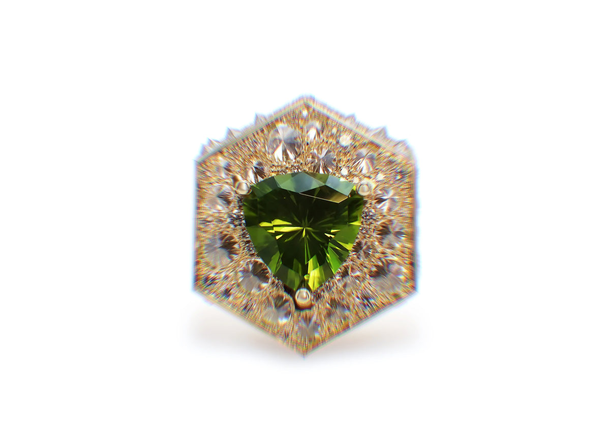 Top view of Perseya Lumen Ring highlighting saturated green peridot and diamond perimeter
