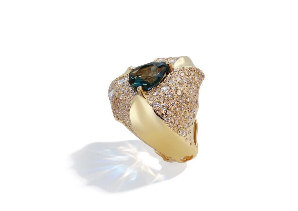Phokialí Ring, another angle, showing the diamond snowflake pavé and rose-cut stones across its continuous gold form.
