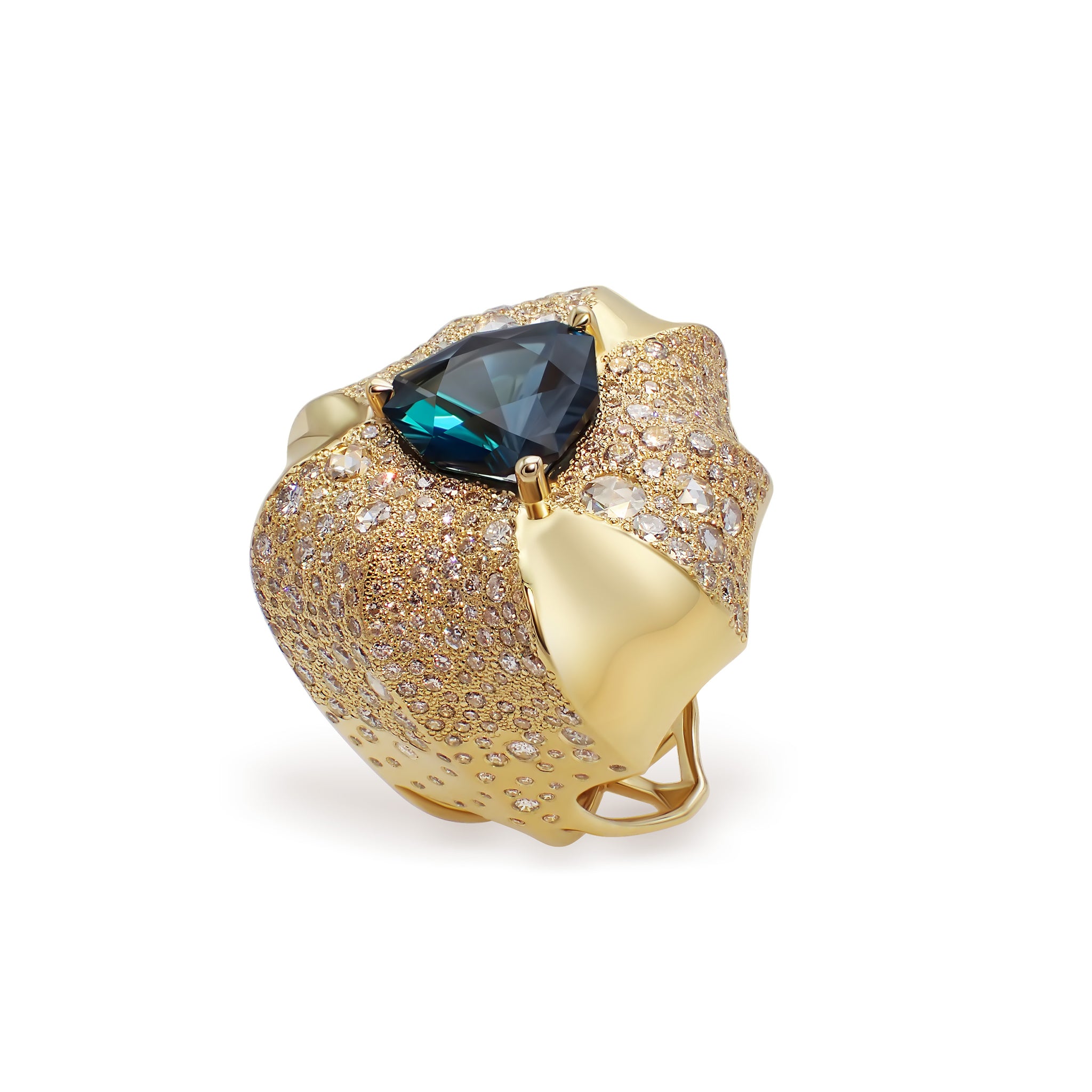 Detail view of the Phokialí Ring highlighting rose-cut diamonds and surface texture
