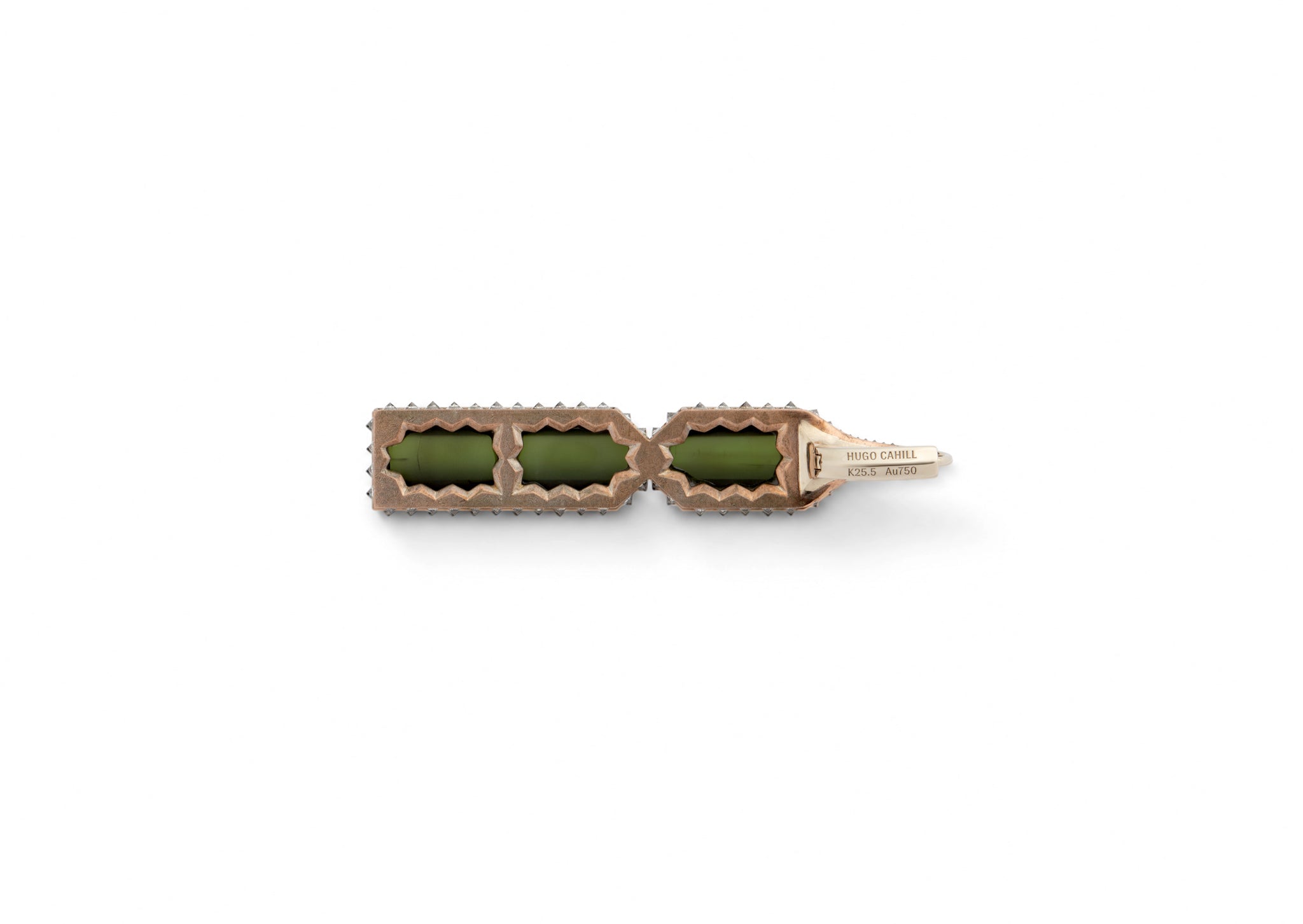 Aleutian Precipice Earrings shown from the rear, the elongated tourmaline batons visible against the shibuichi structure.