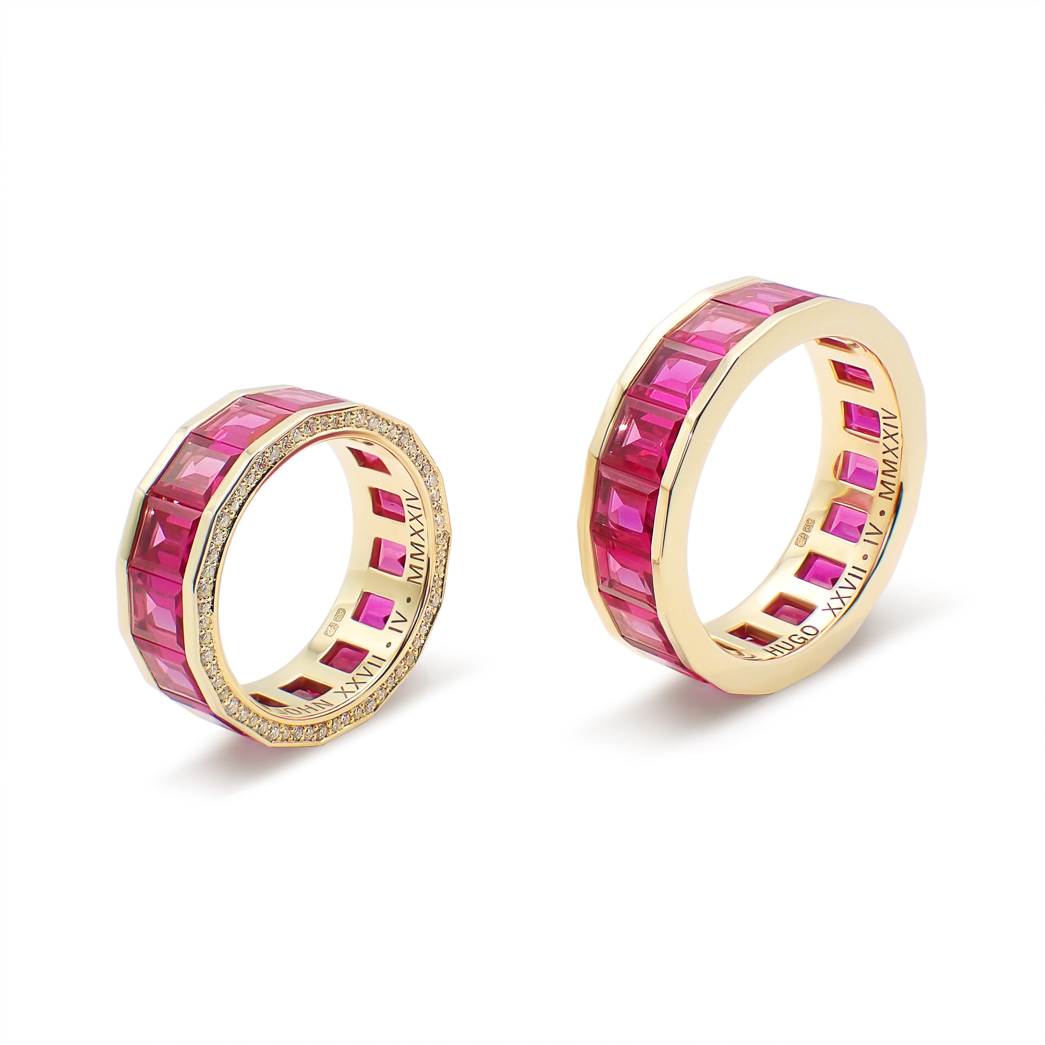 Pair of bespoke Ruby Wedding Bands illustrating continuity and shared proportion
